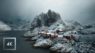 Snowfall in The Lofoten Islands Norway Nature Sounds for Sleep Hamnøy and Reine  4K [upl. by Aihsatan879]