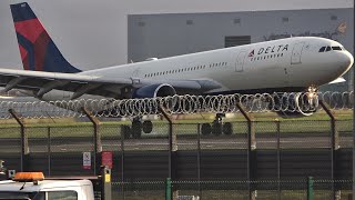 HEATHROW WINDY ARRIVALS  UP TO 40MPH WINDS  Ft Edelweiss airlines A340 departure  91223 4K [upl. by Sidnak]