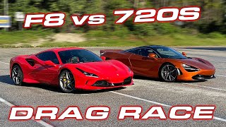 F8 vs 720S  Ferrari F8 Tributo vs McLaren 720s  14 mile DRAG RACE [upl. by Adnama]