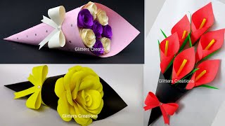 3 DIY Paper Flower BOUQUETBirthday Gift ideasFlower Bouquet making at Home [upl. by Sherrill]