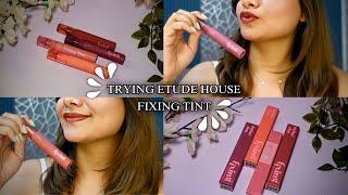 Trying Etude house fixing lip tint review 🌸midnight mauvemellow peachsoft walnutrose lilac [upl. by Schwartz297]