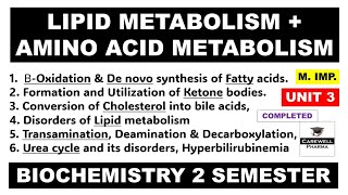 Unit 3 complete  Lipid Metabolism  Amino acid metabolism  biochemistry b pharm 2nd semester [upl. by Grizel]