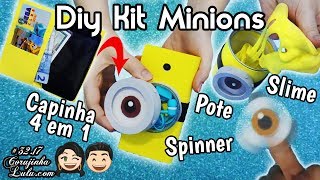 DIY Minions 🍌 Como Fazer Kit com Spinner  Capinha 4 em 1  Pote com Slime tipo Amoeba [upl. by Trini]