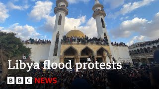 Libya flooding Protests take place in disasterhit city of Derna  BBC News [upl. by Adlai]