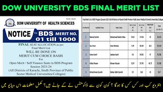 DUHS BDS FINAL MERIT LIST Sindh Province SESSION 202324 [upl. by Naraj]