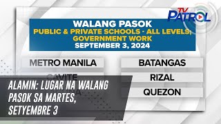 ALAMIN Lugar na walang pasok sa Martes Setyembre 3  TV Patrol [upl. by Quincey]