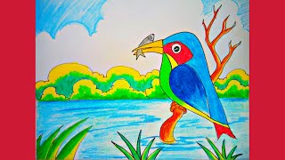 How To Draw Kingfisher Easy Step By Step  Kingfisher Scenery Drawing [upl. by Nyram472]