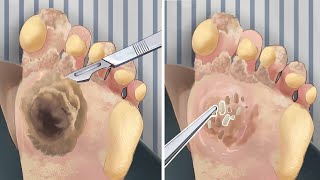 ASMR Remove thick dead skin cells and calluses Plantar Warts Corn PUYA animation [upl. by Nehgaem823]