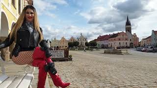 Granate Styling walking in public main square Telc Moravia red thigh high boots high heels [upl. by Seely]