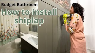 DIY beginner bathroom vertical shiplap tutorial  EXTREME Budget Bathroom Makeover Pt 2 [upl. by Auhsoj324]