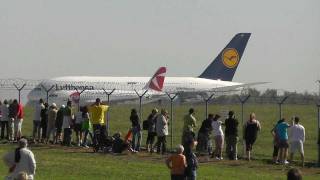 AIRBUS A380841 LUFTHANSA  low pass landing takeoff RWY24 at Prague Ruzyne LKPR [upl. by Anelhtac824]