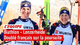 Biathlon 202324  BraisazBouchet et Simon réalisent le doublé sur la poursuite de Lenzerheide [upl. by Dnalhsa]