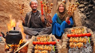 The lifestyle of an elderly couple in the cave Delicious kebab recipe Village Life Afghanistan [upl. by Ardnad]