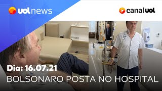 Bolsonaro posta fotos no hospital e faz videochamada com ministros  UOL News Noite 16072021 [upl. by Berga]