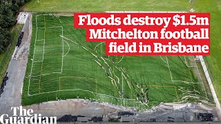 Floods destroy 15m synthetic field at Mitchelton football club in Brisbane Queensland [upl. by Lexerd]