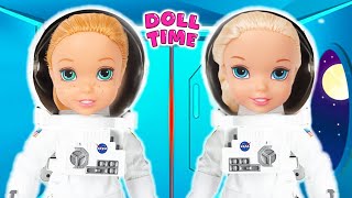 Elsie and Annie fly in a Rocket as Astronauts and learn about Space  Doll Time [upl. by Sharia]