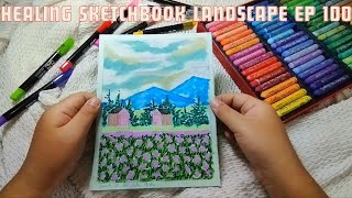 Healing sketchbook tour oil pastel landscape painting ep 100 [upl. by Eaned]