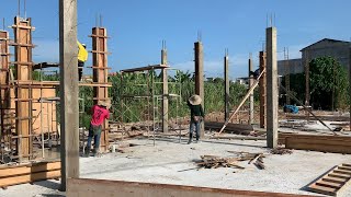 Concrete Column Construction Process  Traditional Timber Formwork  Reinforcement  Shuttering Work [upl. by Oag543]