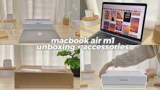 ☁️🍂 macbook air m1 aesthetic unboxing  accessories amp setup  space gray [upl. by Noiemad594]