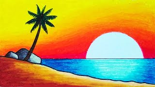 Easy Drawing Beautiful Sunset Scenery With Oil Pastel  How To Draw Easy Sunset Scenery [upl. by Parsaye]