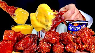 ASMR 매콤달콤 양념치킨파티🍗자메이카 통다리 양념치킨 양념멘보샤 치즈소스 찍먹방 Sweet Spicy Chicken With spicy Noodles MuKBang [upl. by Coit]