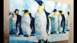 How to Paint with Acrylics on Canvas Abstract Realistic Penguin Painting [upl. by Accisej]