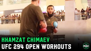 Khamzat Chimaev shows off improved hand speed at UFC 294 Open Workout [upl. by Llenrrad]