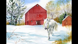 Red Barn White Horse in Watercolor [upl. by Livvyy]