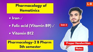 L8। U2। Hematinics Pharmacology। B Pharm 5th semester। Iron। Folic acid। Vitamin B12। Shahruddin। [upl. by Eloise]