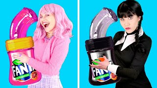 PINK VS BLACK FOOD CHALLENGE Eating Only 1 Color Challenge Wednesday VS Enid by Gotcha Viral [upl. by Aihsekram451]