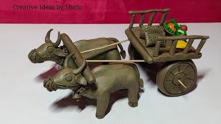 How to make miniature bullock cart with clay  मिट्टी की बैलगाड़ी कैसे बनाएं [upl. by Hoover818]