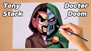 How to Draw Half Tony Stark and Half Docter Doom  Step by step  Marvels [upl. by Ahsemal628]