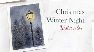 Winter Night Christmas Painting Tutorial  Watercolor Christmas Card [upl. by Ayocat]