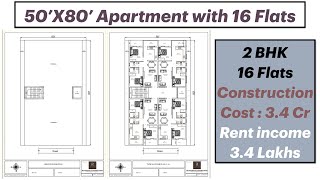 50X80 Apartment Plan with 16 Flats  4000 Sqft Design with good rental income [upl. by Berthold]