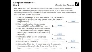 AMT Exemption Worksheet walkthrough IRS Form 6251 Line 5 [upl. by Wilkie685]