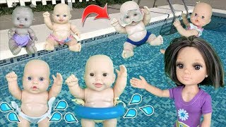 Muñecas bebes hermanitas traviesas nenuco lola primera clase de piscina en la guarderia con peppa [upl. by Ellennahs982]