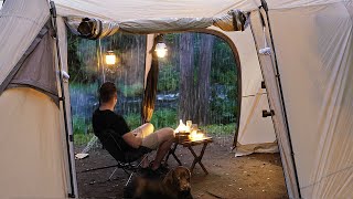 Gloomy SOLO Camping in RAIN and THUNDER  relaxing in a cosy shelter by the Creek storm ASMR [upl. by Utham]