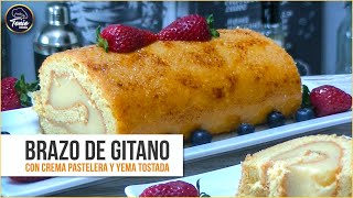 Brazo de gitano con crema pastelera y yema tostada  Brazo de reina pionono o rollcake paso a paso [upl. by Eidorb]