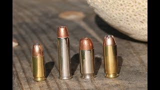 9mm vs 357 mag vs 45acp vs 10mm  Shooting Cantelopes [upl. by Heyward]