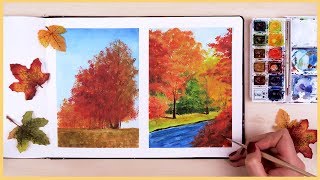 How to Paint a Fall Scenery with Watercolors for Beginners  Art Journal Thursday Ep 18 [upl. by Etterb]