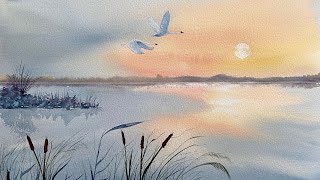 SUNSET MARSHLAND Reflections Beautiful Beginners Watercolor Landscape Painting Tutorial Watercolour [upl. by Dloreg]