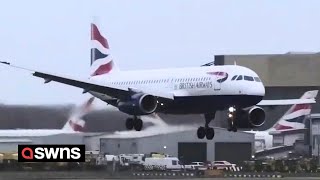 BA flight makes nailbiting landing during Storm Isha  SWNS [upl. by Lehcem]