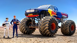 F1 Drivers Race HUGE Mega Trucks Max Verstappen vs Yuki Tsunoda [upl. by Surtimed544]