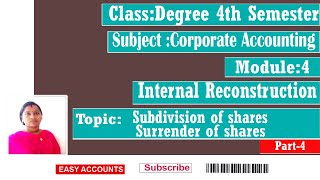 Degree 4th Sem Module4  Internal Reconstruction  SubDiv of Shares  Surrender Of Shares Part4 [upl. by Valtin390]