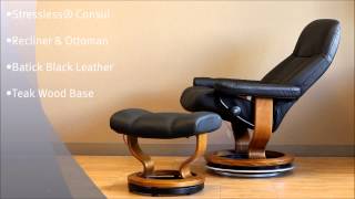 Stressless Consul Recliner and Ottoman in Batick Black Leather and Teak Wood Base By Ekornes [upl. by Harv233]