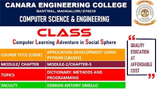 VTU ADP 18CS55 Python Programming Dictionary Dictionary Methods and Programming M2 L5 [upl. by Ynnod788]