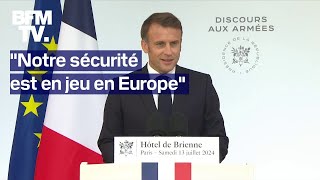 Emmanuel Macron a tenu son discours aux Armées à lHôtel de Brienne ce samedi 13 juillet 2024 [upl. by Elkraps]