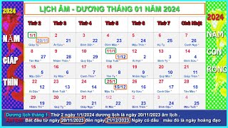 Lịch âm dương tháng 1 năm 2024  Lịch vạn niên tháng 12024 Giáp Thìn [upl. by Oringa]