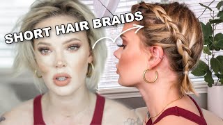 HOW TO BRAID VERY SHORT HAIR Easy Milk Maid Dutch Braid Tutorial   ImMalloryBrooke [upl. by Gracie]