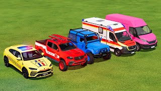 DACIA AUDI FORD VOLKSWAGEN POLICE VEHICLES amp MERCEDES AMBULANCE CAR TRANSPORTING  FS22 [upl. by Lanae]